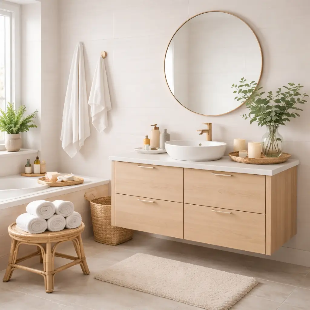Modern bathroom decor with wooden vanity and round mirror