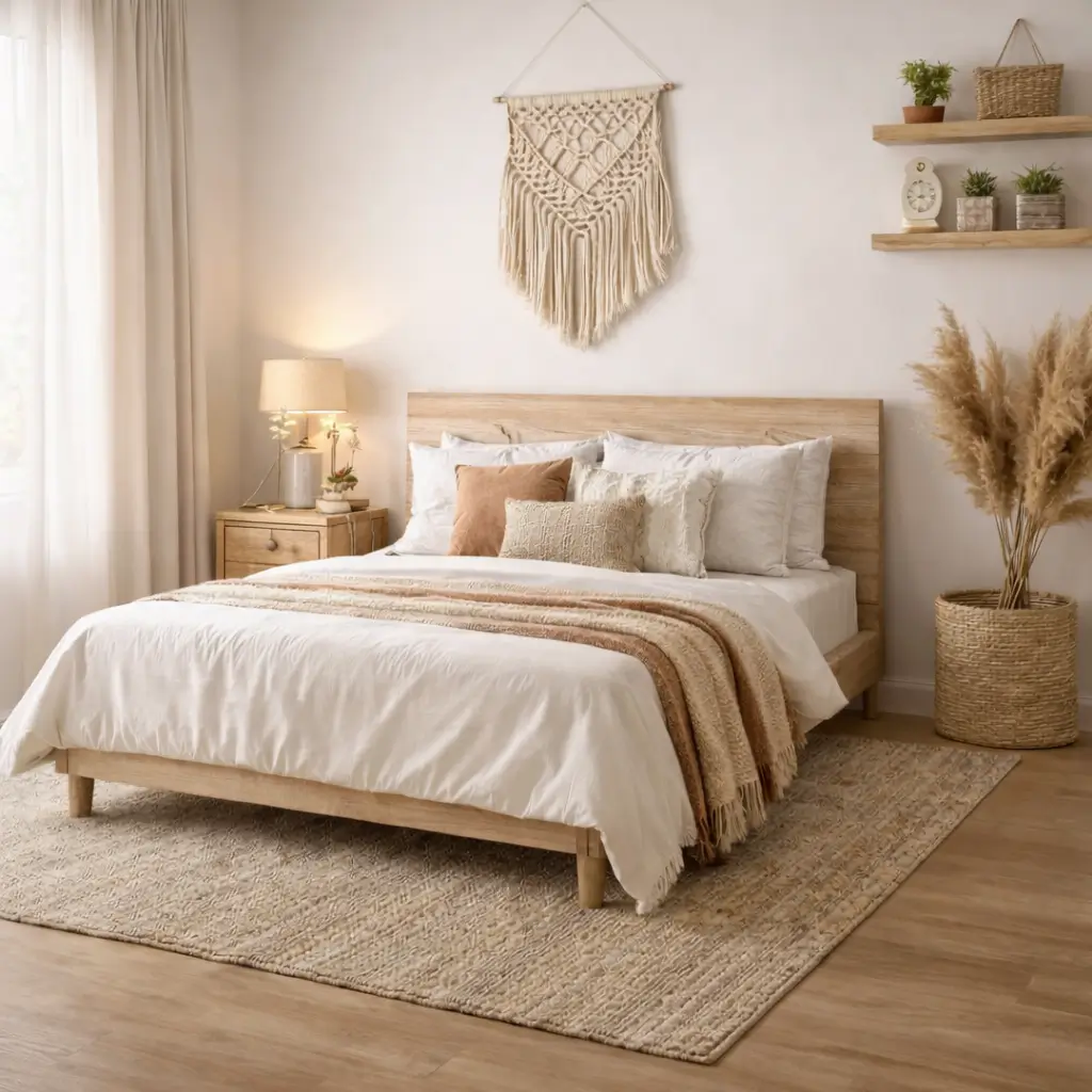 Boho bedroom decor with macrame wall art and warm natural textures