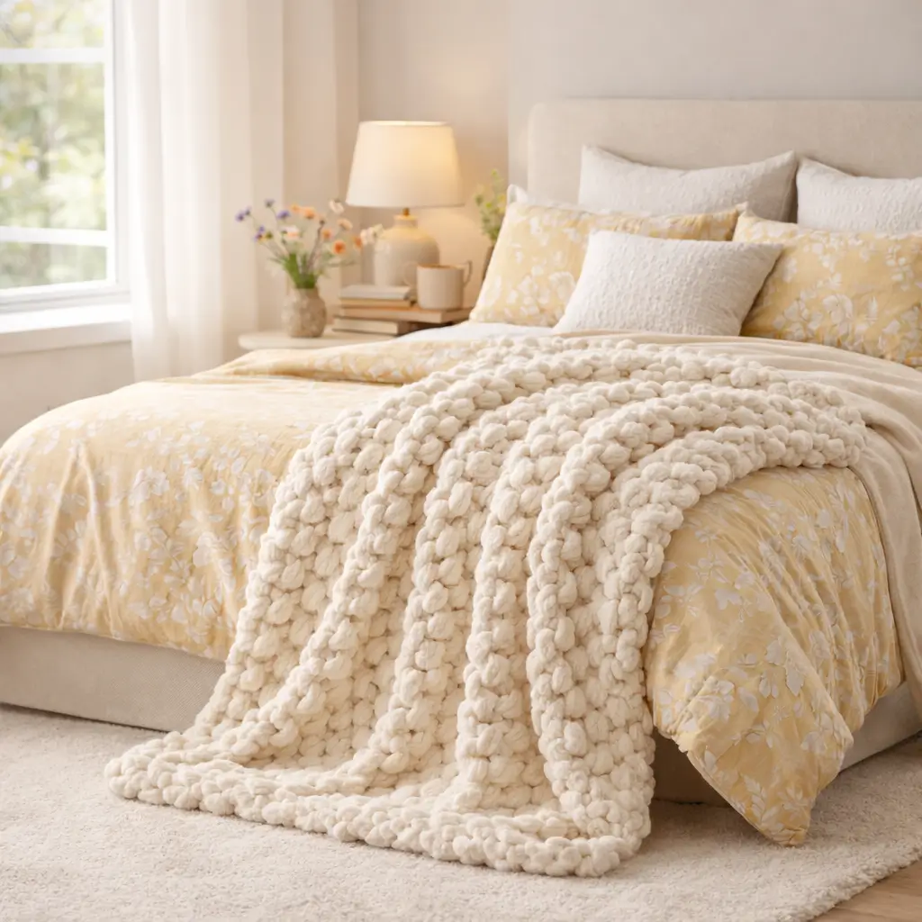 Cream chunky knit blanket styled on cozy neutral bed with yellow botanical bedding in warm modern bedroom decor.