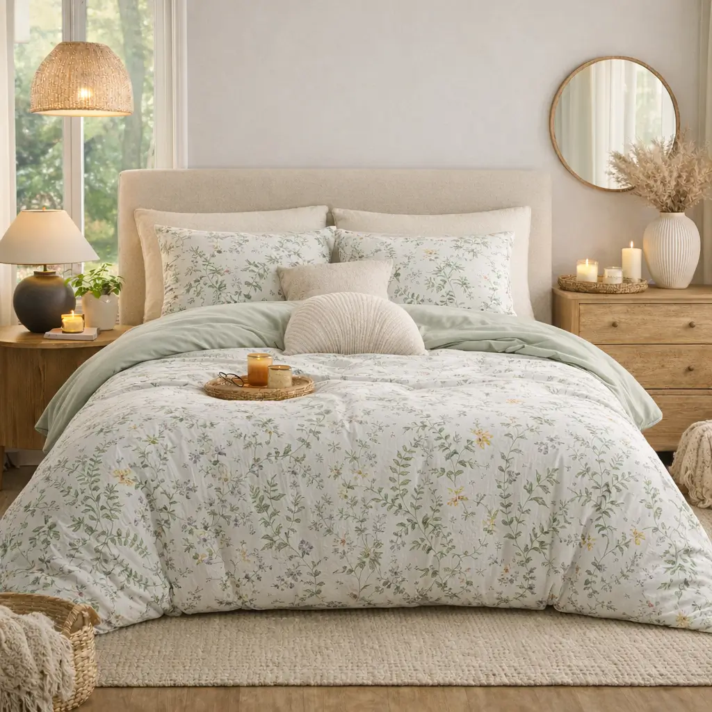 Neutral botanical comforter set styled on a cozy modern bed with soft natural decor and warm ambient lighting.