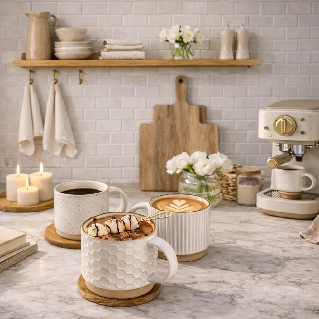 Neutral ceramic mugs styled in a cozy modern kitchen coffee corner with warm neutral decor.