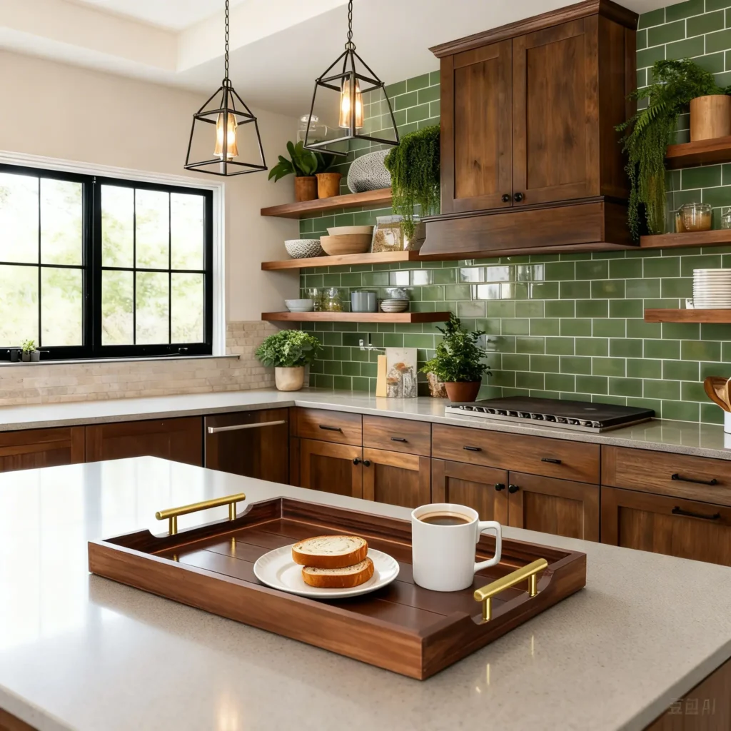 Neutral wooden serving tray styled in a modern cozy kitchen with warm neutral decor.
