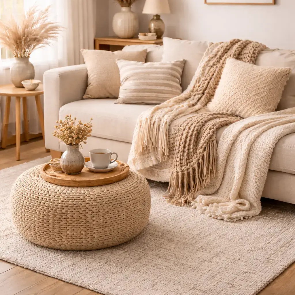 Cozy neutral textiles decor featuring soft throw blankets, textured pillows, and woven pouf in a warm modern living room.