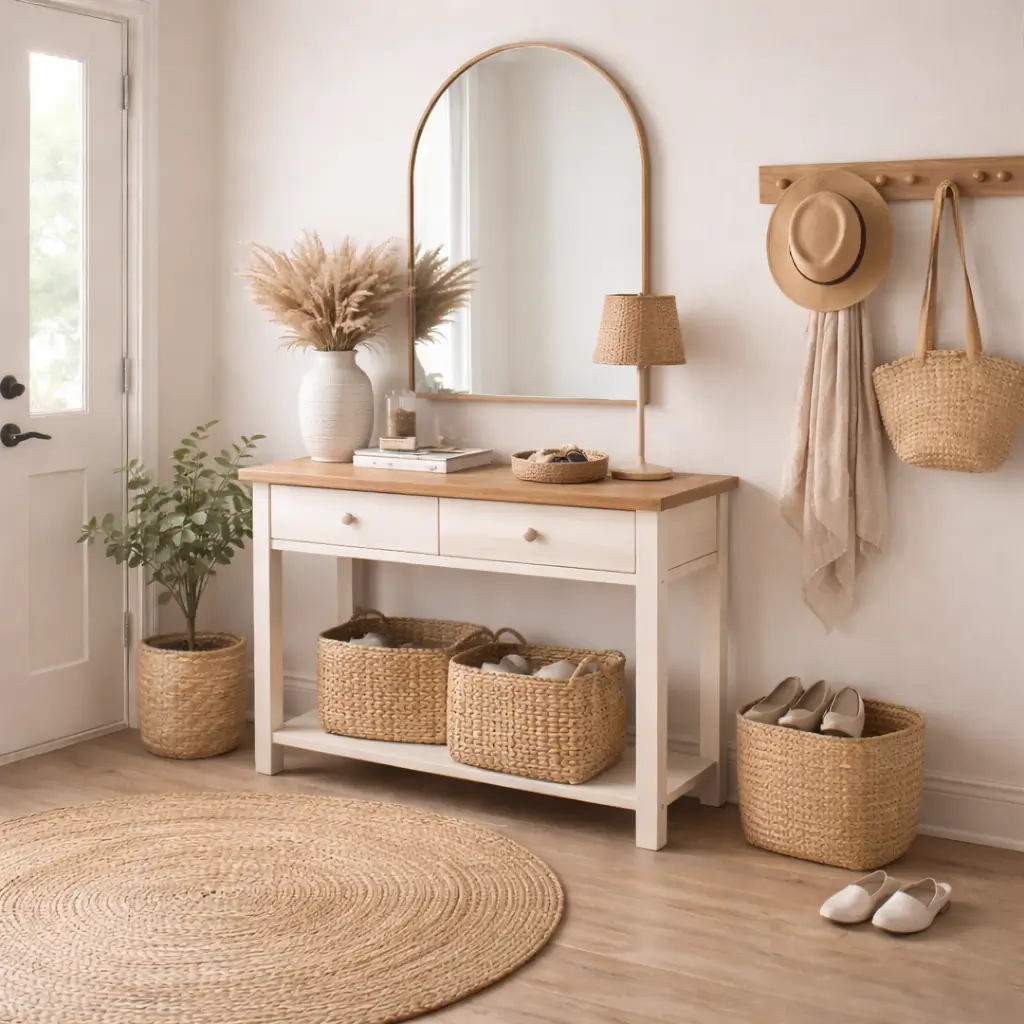 Modern entryway decor with minimalist bench and round mirror