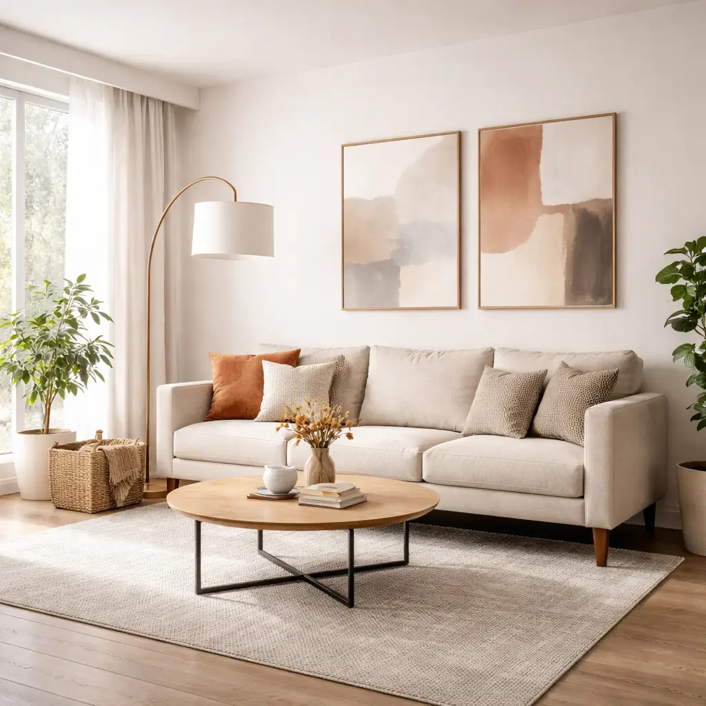 Modern living room decor ideas with wall art and floor lamp