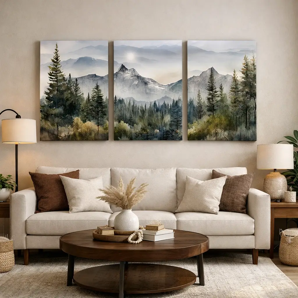 Modern mountain wall art set styled above a neutral sofa in a cozy contemporary living room.