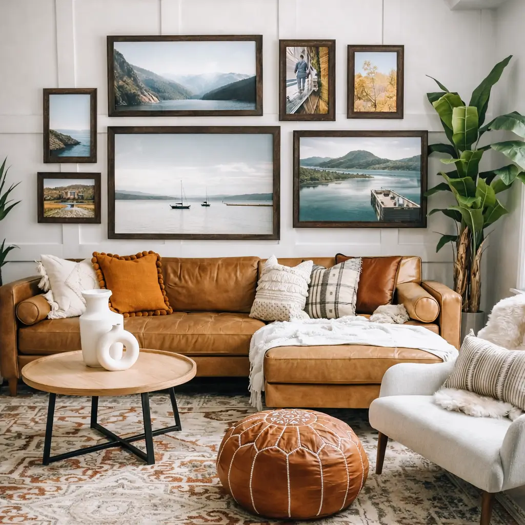 Nature-inspired gallery wall frames styled above a cozy modern living room sofa with neutral decor accents.