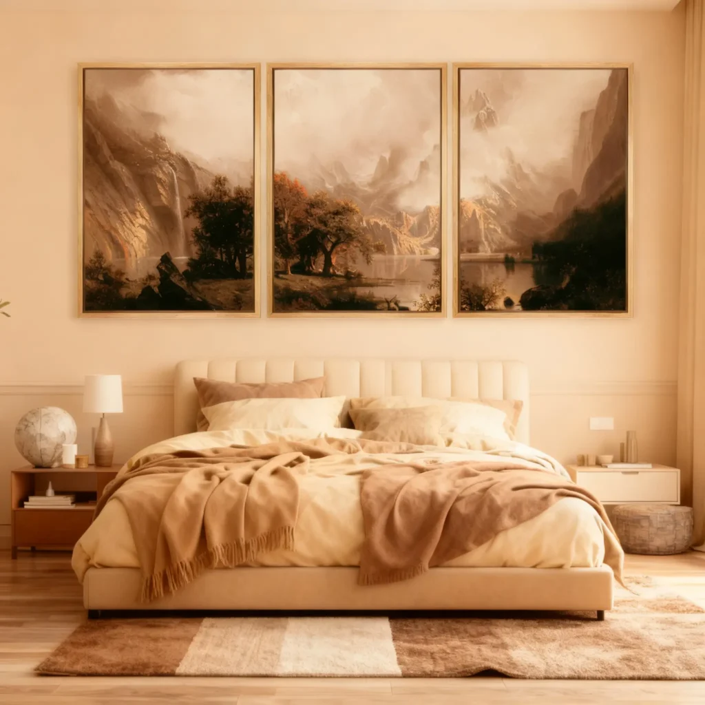 neutral botanical wall art set above bed cozy modern bedroom decor