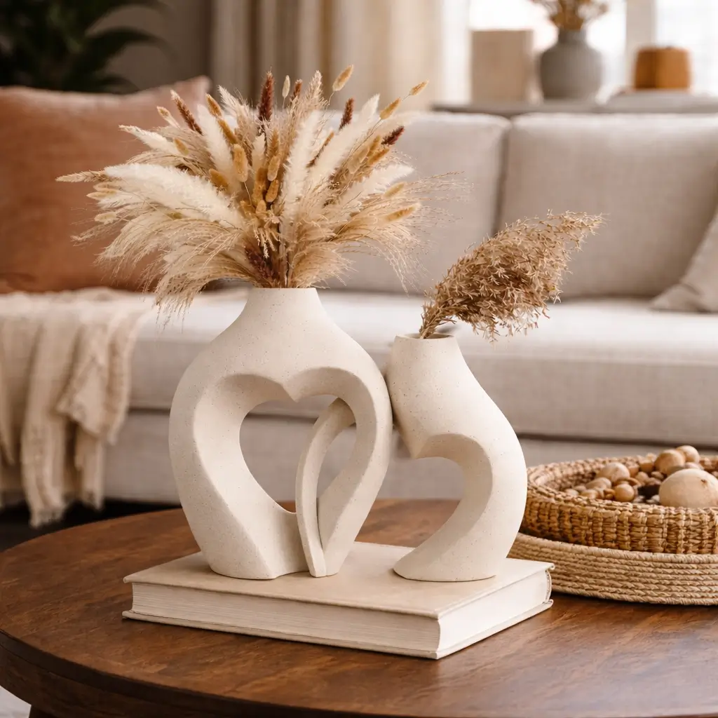 Neutral ceramic decorative vases with dried pampas grass styled on a coffee table in a cozy modern living room.