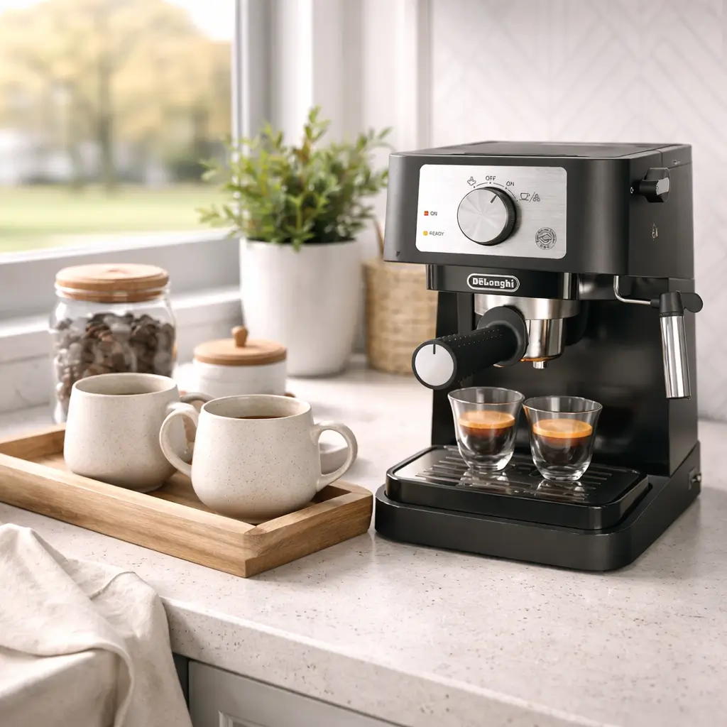 Neutral espresso machine styled in a cozy modern kitchen coffee station with ceramic mugs and wooden tray decor.