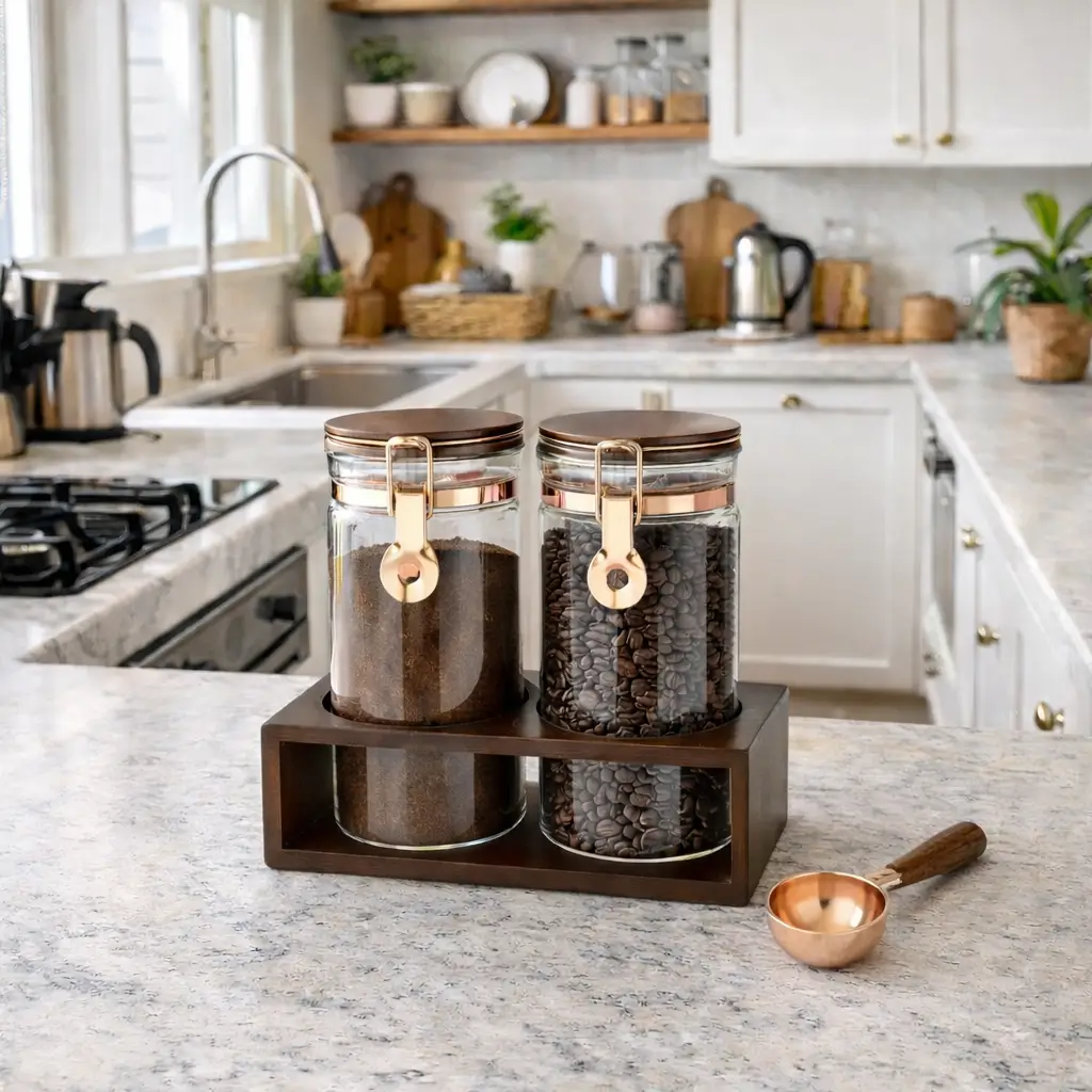 Glass coffee canister set with copper scoop styled on a modern neutral kitchen island