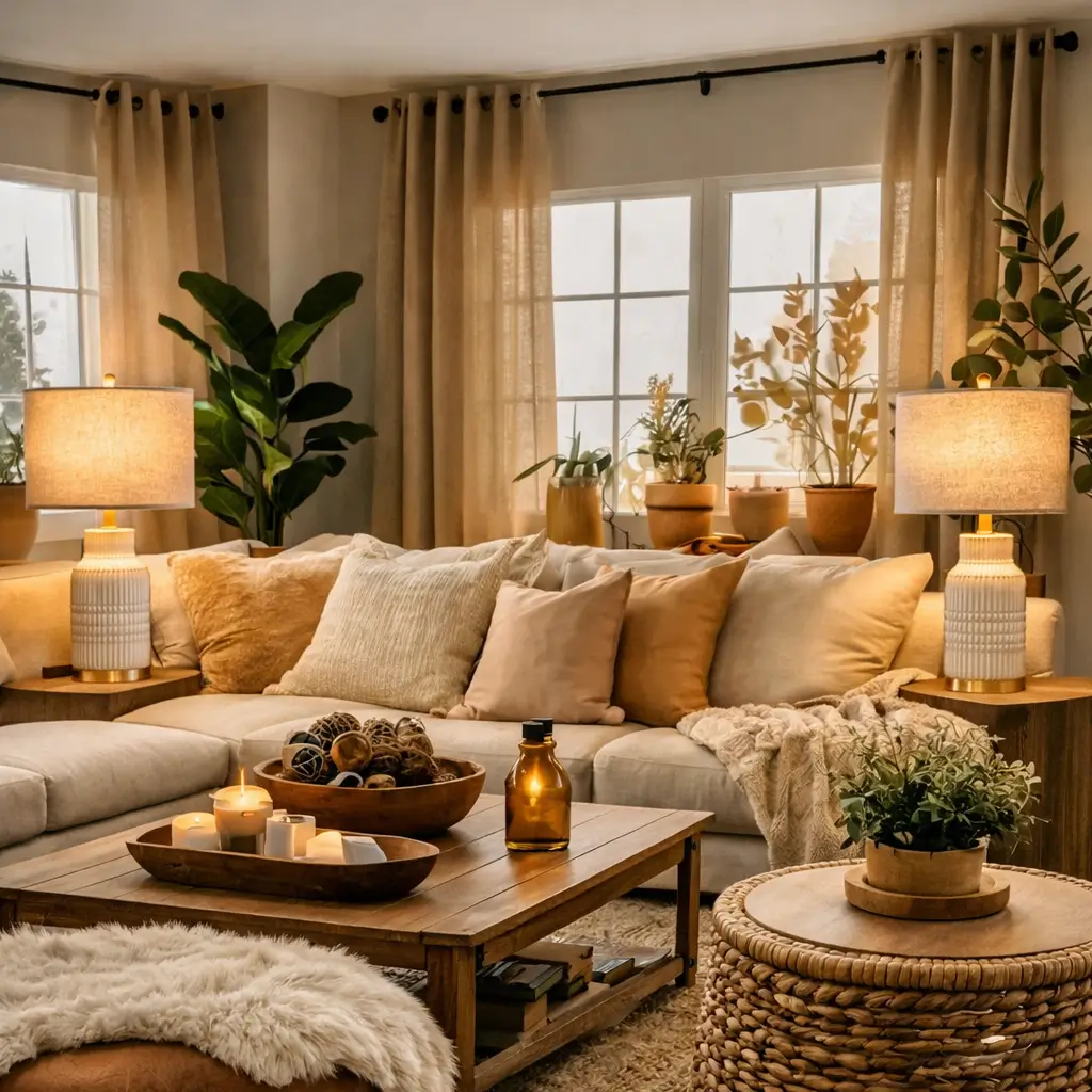 Neutral linen table lamps styled in a cozy modern living room with warm ambient lighting and neutral decor.