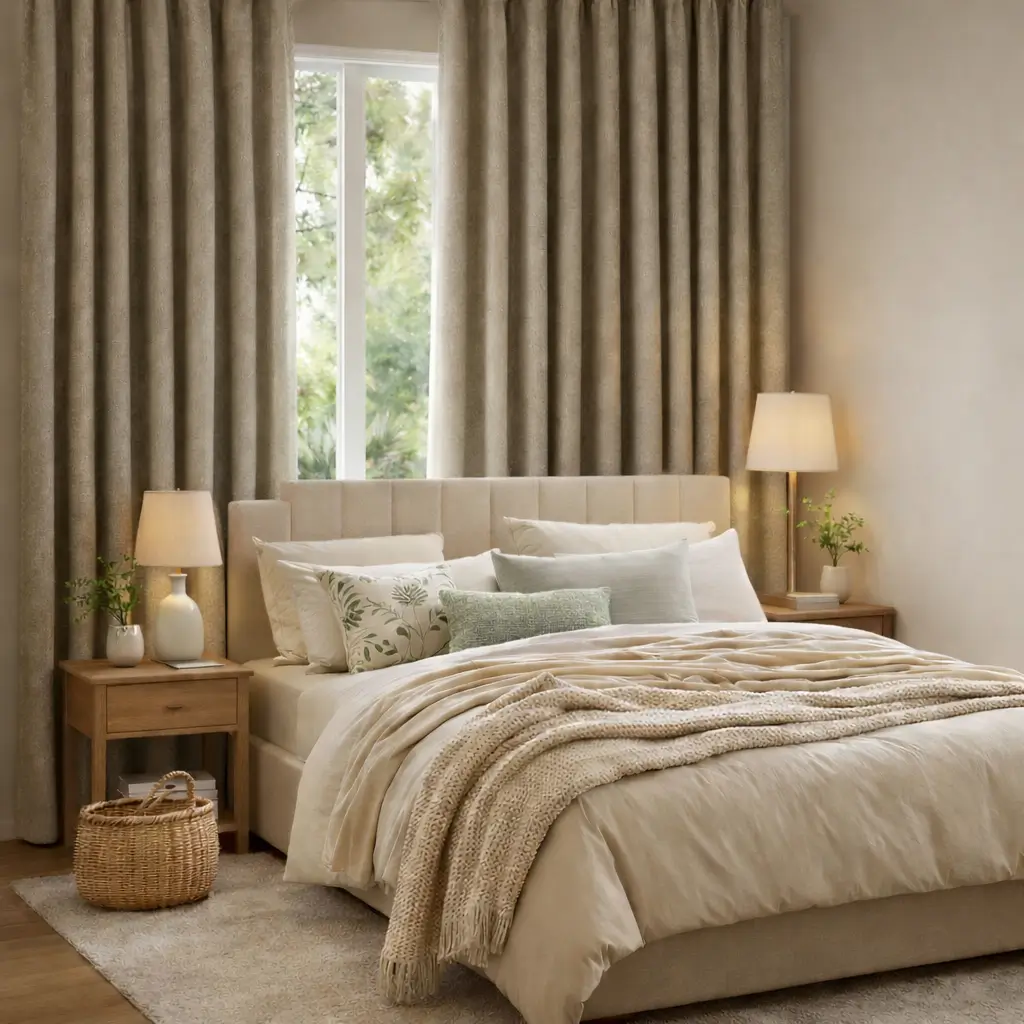 neutral textured blackout curtains in cozy modern bedroom decor with warm neutral styling