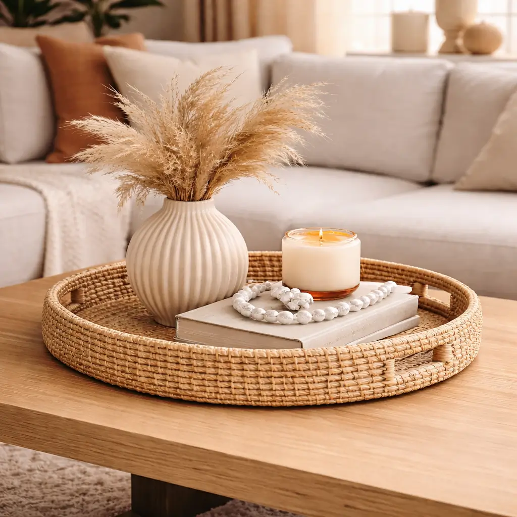 Neutral woven coffee table tray styled with ceramic vase, candle, and decor accents in a cozy modern living room.