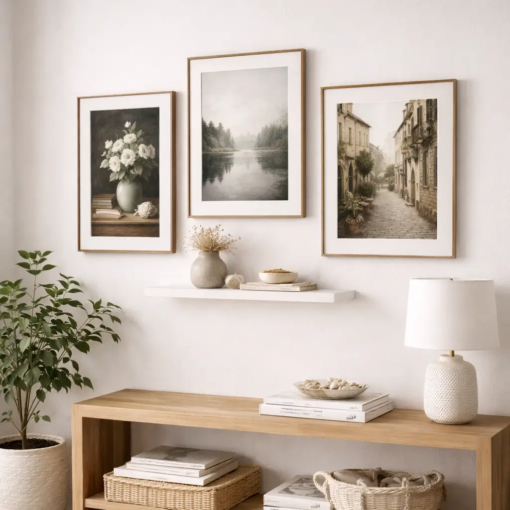 Modern wall decor with framed artwork and minimalist accents