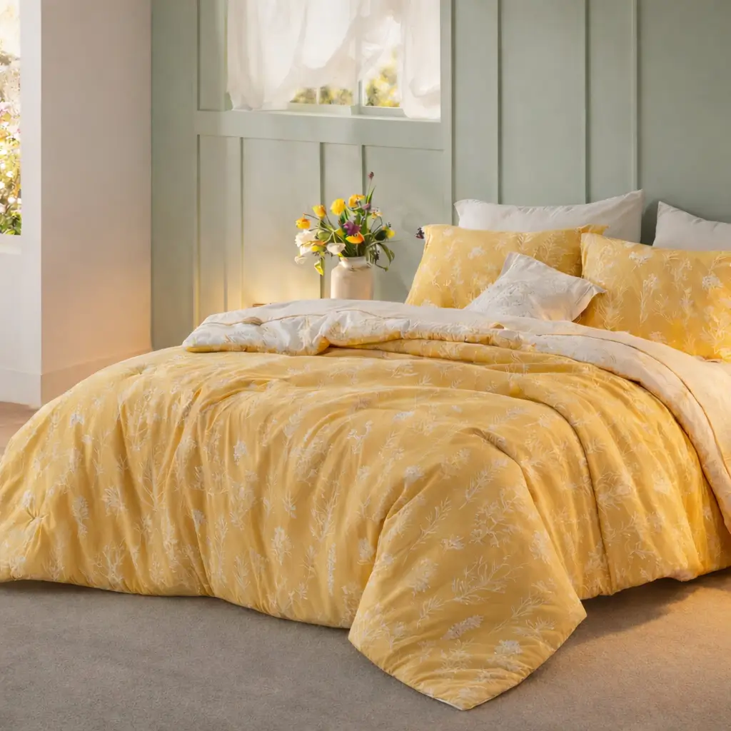 Yellow botanical duvet cover styled in a cozy modern bedroom with soft natural lighting and warm neutral decor accents.