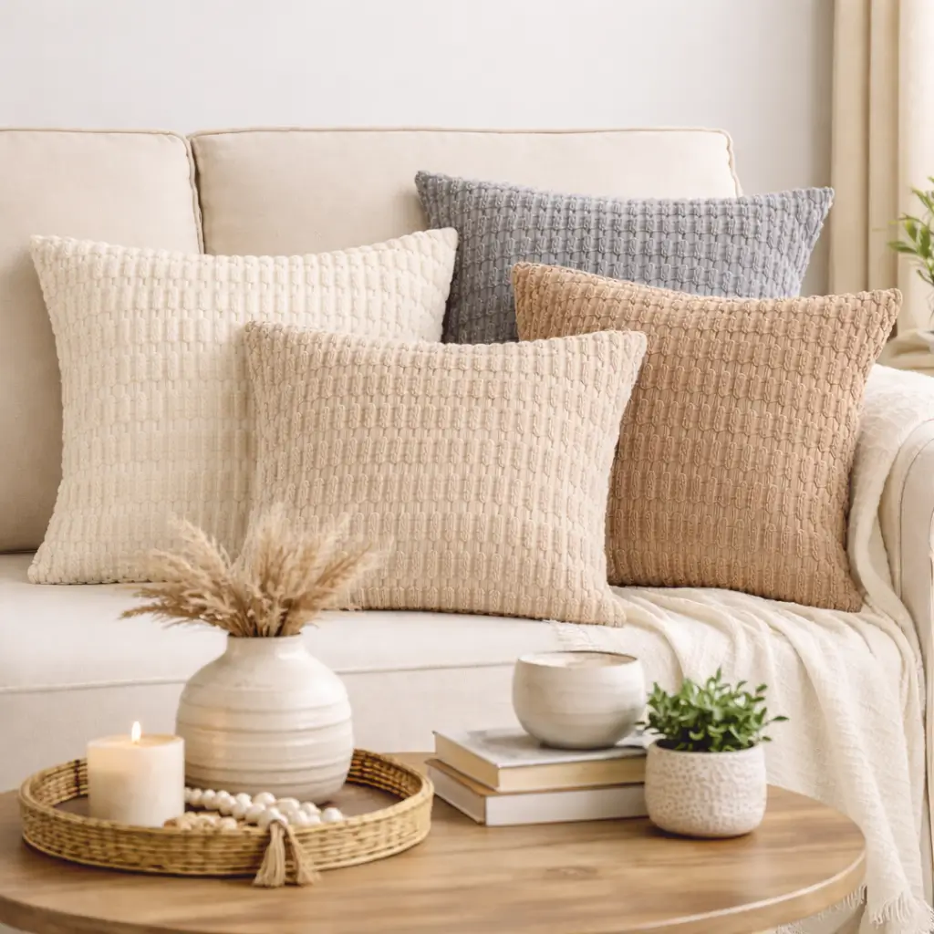 Neutral textured throw pillows styled on a modern cozy living room sofa with decorative coffee table styling.