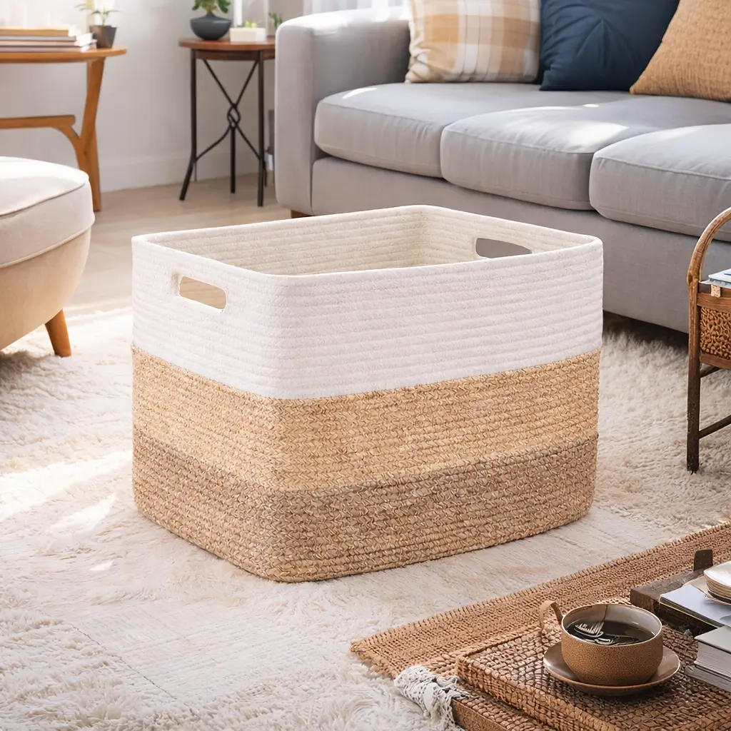 Neutral woven storage basket styled in a modern cozy living room beside a sofa with neutral decor accents.